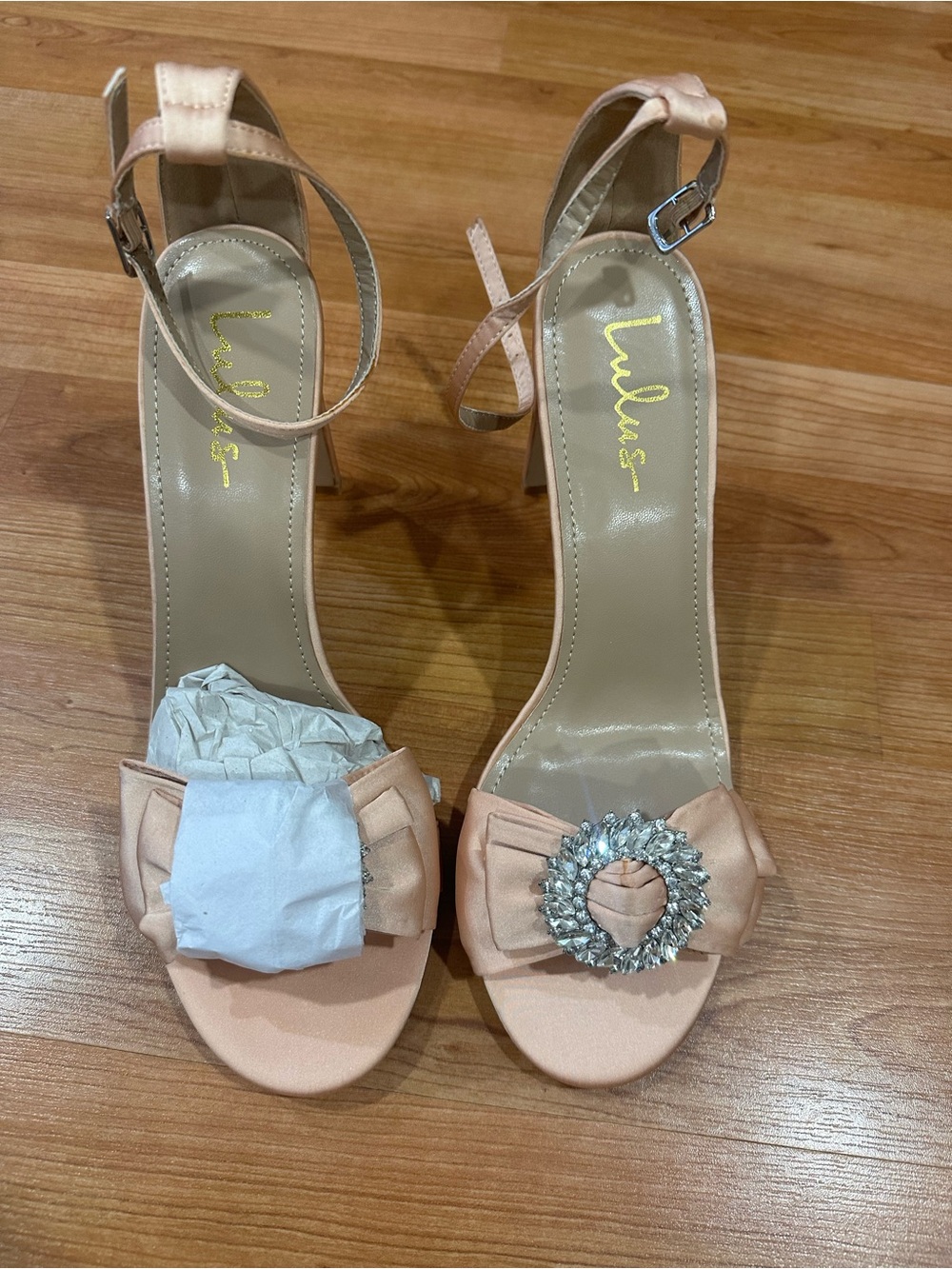 Lulu's Blush Satin Ankle-Strap Heels with Crystal Rosette